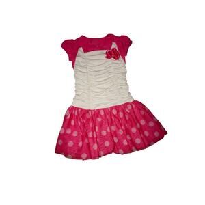 BCX Girl Pink White Polka Dot Dress Cap Sleeve Ruched Bodice Size 4 Girls